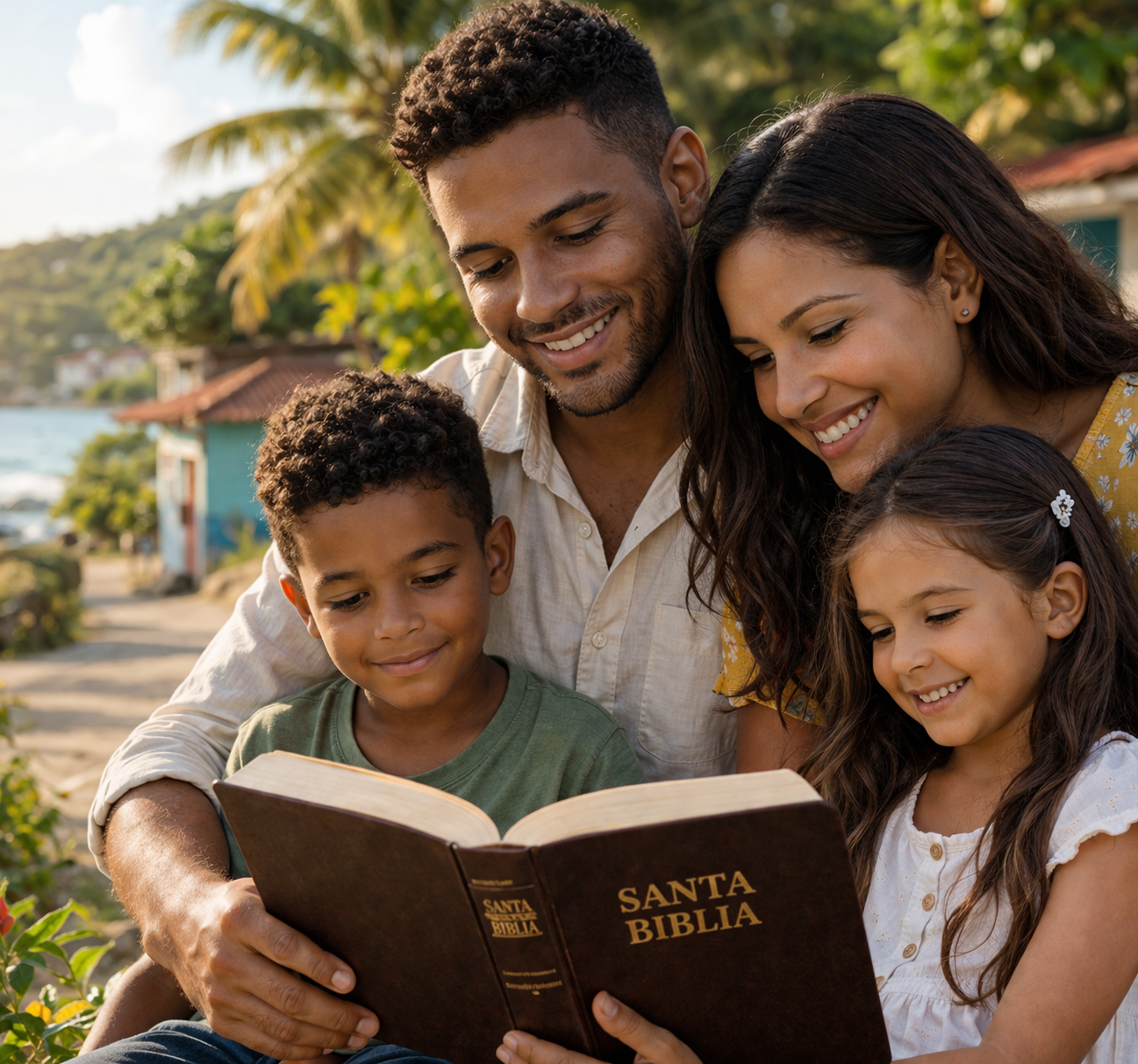 Familia leyendo la Santa Biblia